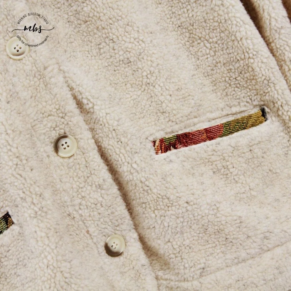 Orvis Vintage Faux Sherpa Floral Tapestry Teddy Jacket Cream Tan Women M‎